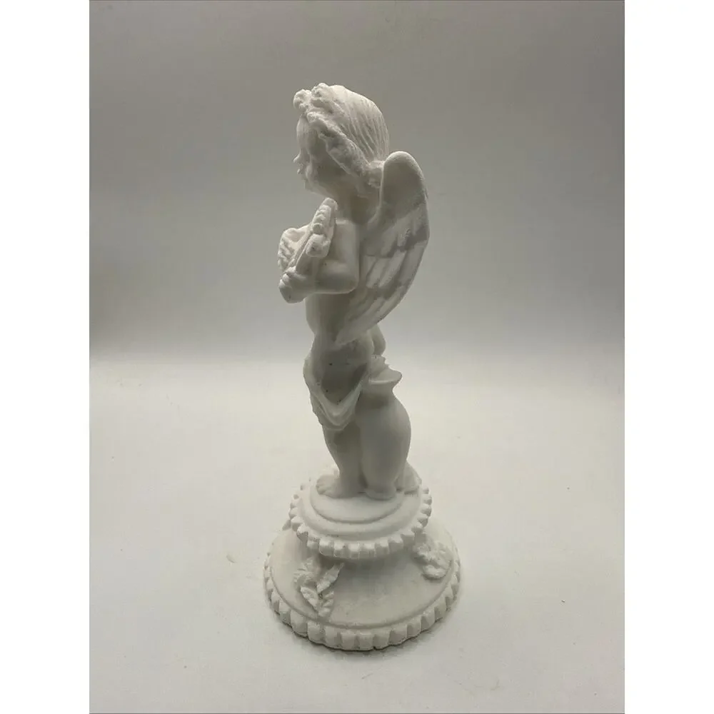 Vintage White Bisque Porcelain Cherub Angel Playing Lyre Harp Figurine *